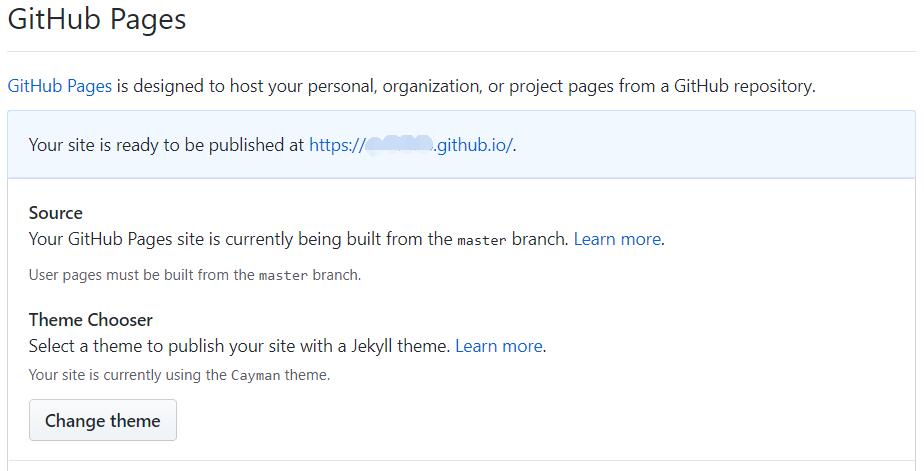 查看设置页面的Github Pages项，发现可以通过'https://用户名.github.io'地址访问，Github Pages成功开启
