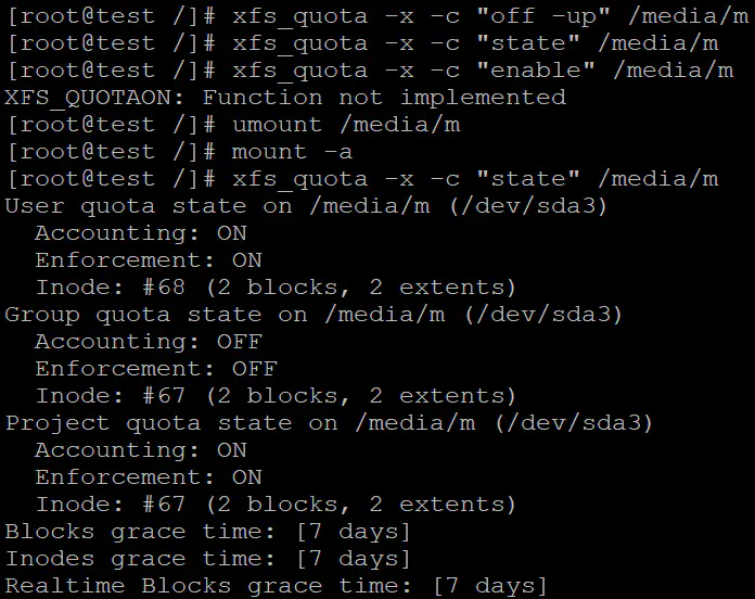 off执行之后需要重新挂载分区才能启用quota