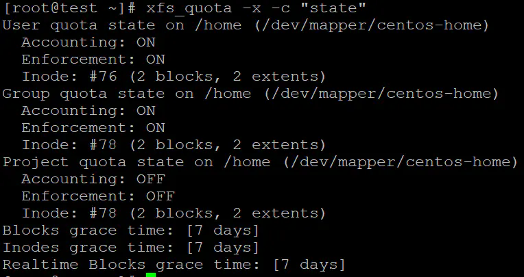 查看档案系统支持情况:开启了user和group quota,未开启project quota
